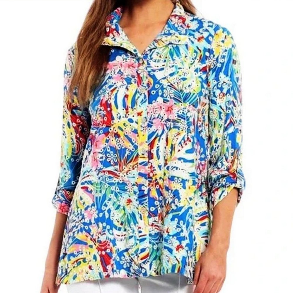 John Mark Tropical Eyelet Button Down Top